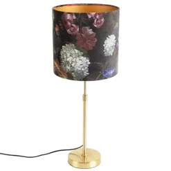 Tafellamp goud/messing met velours kap bloemen 25 cm - Parte