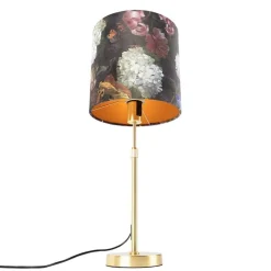 Tafellamp goud/messing met velours kap bloemen 25 cm - Parte