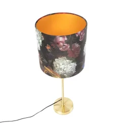 Tafellamp goud/messing met velours kap bloemen 25 cm - Parte