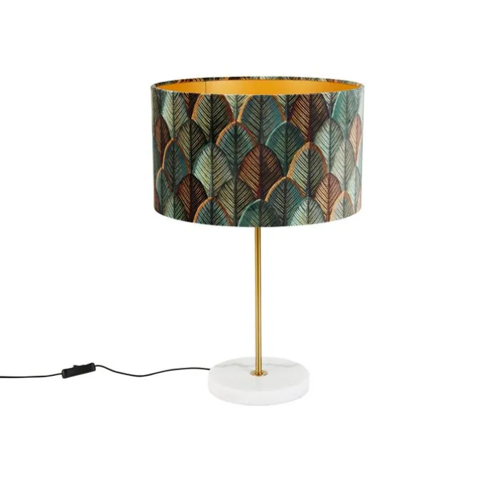 Tafellamp messing met velours lampenkap blad dessin met gouden binnenkant - Kaso
