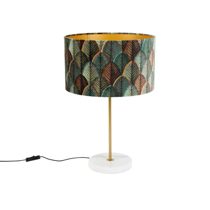 Tafellamp messing met velours lampenkap blad dessin met gouden binnenkant - Kaso