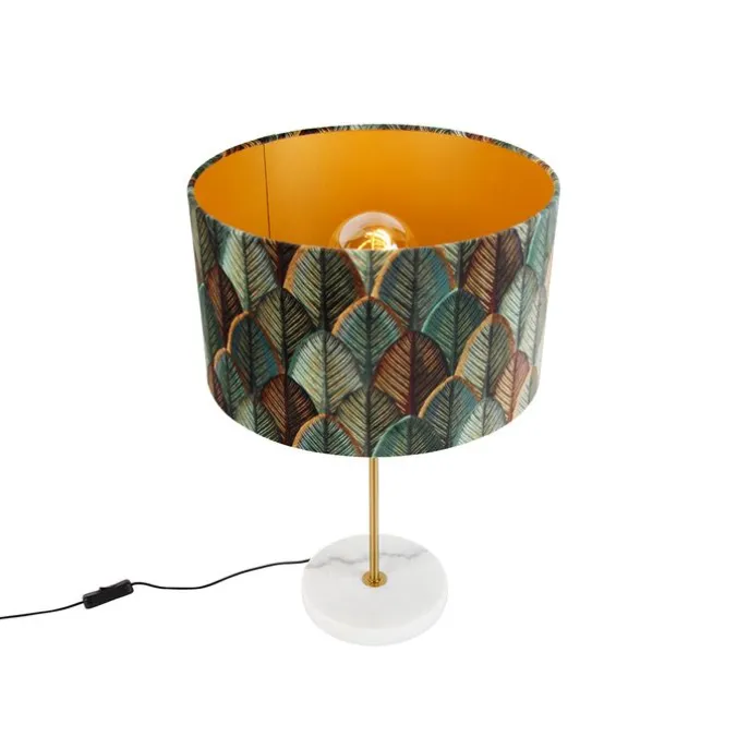 Tafellamp messing met velours lampenkap blad dessin met gouden binnenkant - Kaso