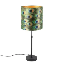 Tafellamp zwart met velours kap pauw met goud 25 cm - Parte