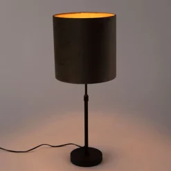 Tafellamp zwart met velours kap taupe met goud 25 cm - Parte