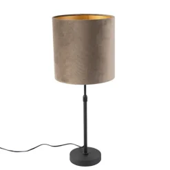 Tafellamp zwart met velours kap taupe met goud 25 cm - Parte