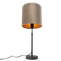 Tafellamp zwart met velours kap taupe met goud 25 cm - Parte