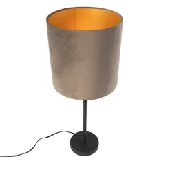 Tafellamp zwart met velours kap taupe met goud 25 cm - Parte