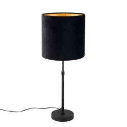 Tafellamp zwart met velours kap zwart met goud 25 cm - Parte