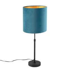 Tafellamp zwart met velours kap blauw met goud 25 cm - Parte