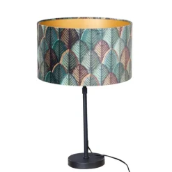 Tafellamp zwart met velours lampenkap blad dessin met gouden binnenkant - Parte