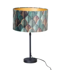 Tafellamp zwart met velours lampenkap blad dessin met gouden binnenkant - Parte