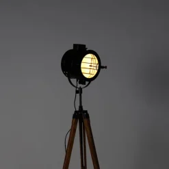 Tripod vloerlamp zwart met hout studiospot - Radient