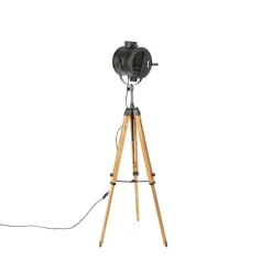 Tripod vloerlamp zwart met hout studiospot - Radient