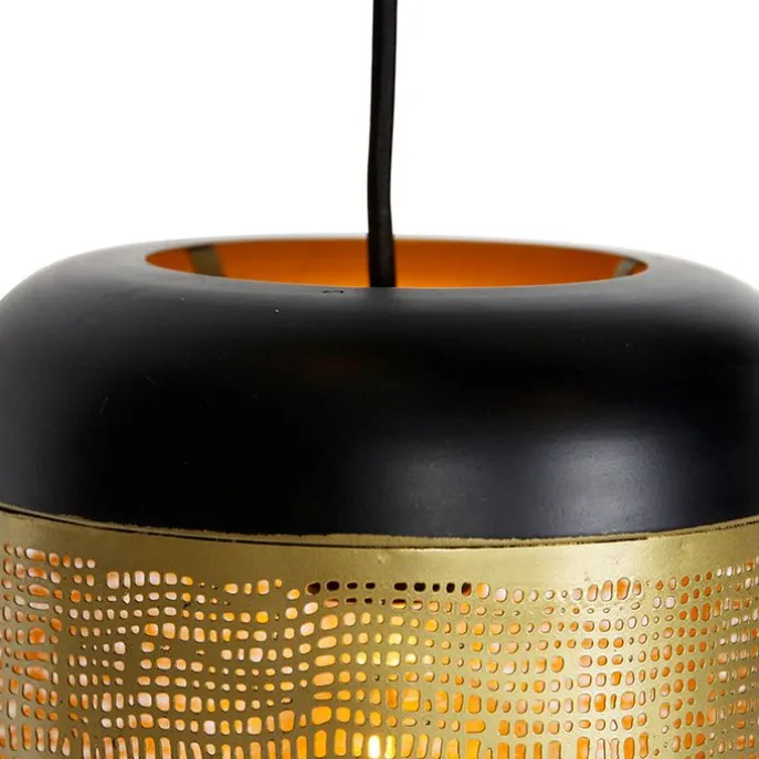 Vintage hanglamp zwart met messing rond 3-lichts - Kayleigh