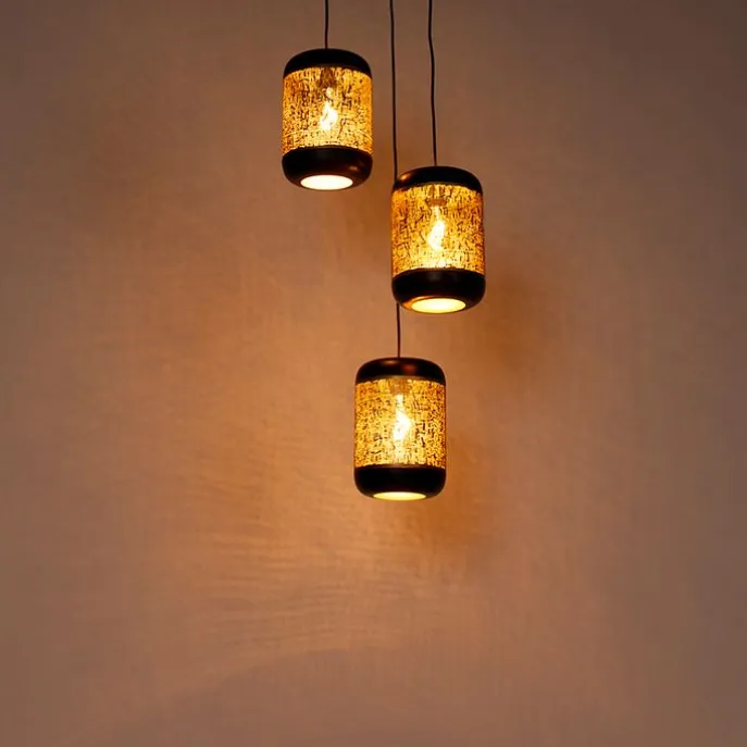 Vintage hanglamp zwart met messing rond 3-lichts - Kayleigh