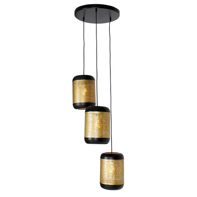 Vintage hanglamp zwart met messing rond 3-lichts - Kayleigh