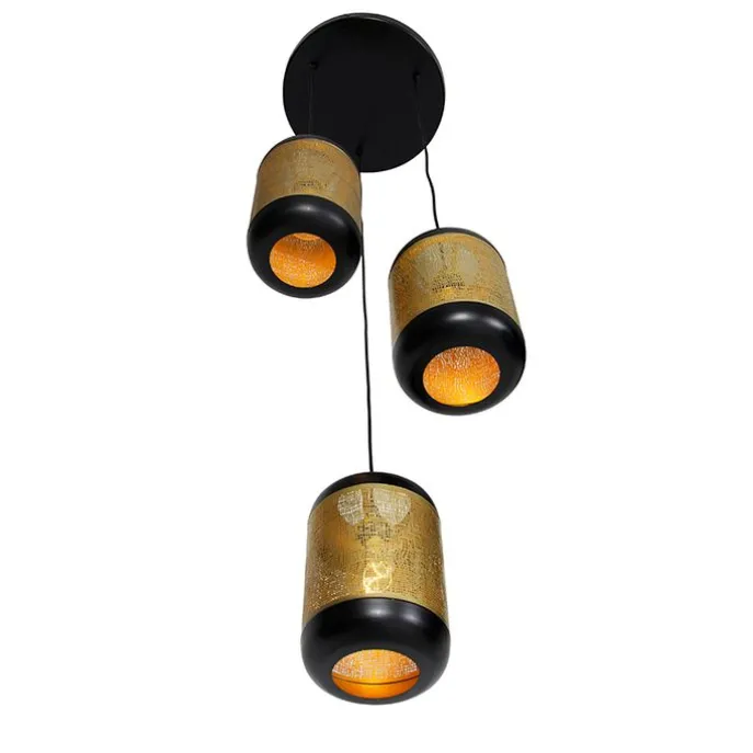 Vintage hanglamp zwart met messing rond 3-lichts - Kayleigh