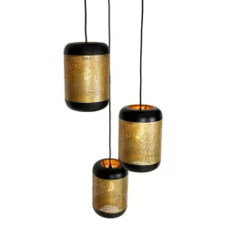 Vintage hanglamp zwart met messing rond 3-lichts - Kayleigh