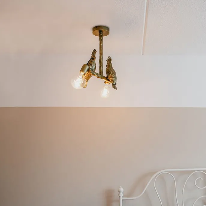 Vintage plafondlamp messing 2-lichts - Animal Papegoje