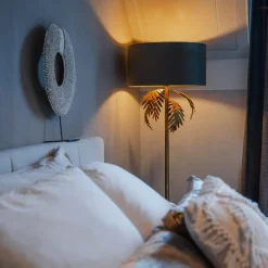 Vintage vloerlamp goud 145 cm met velours kap taupe 50 cm - Botanica