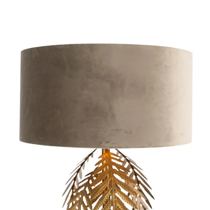 Vintage vloerlamp goud 145 cm met velours kap taupe 50 cm - Botanica