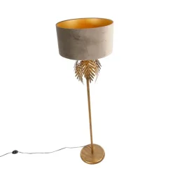 Vintage vloerlamp goud 145 cm met velours kap taupe 50 cm - Botanica
