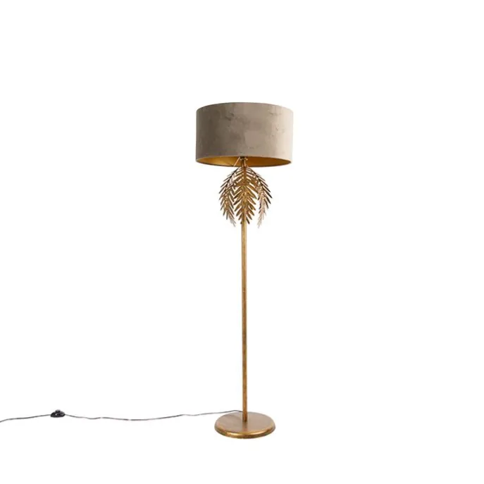 Vintage vloerlamp goud 145 cm met velours kap taupe 50 cm - Botanica