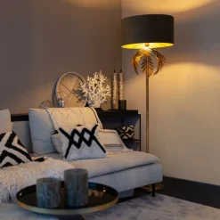 Vintage vloerlamp goud 145 cm met velours kap taupe 50 cm - Botanica