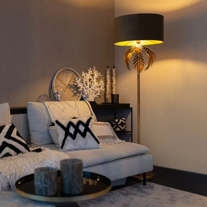 Vintage vloerlamp goud 145 cm met velours kap taupe 50 cm - Botanica