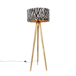 Vintage vloerlamp hout kap zebra dessin 50 cm - Tripod Classic