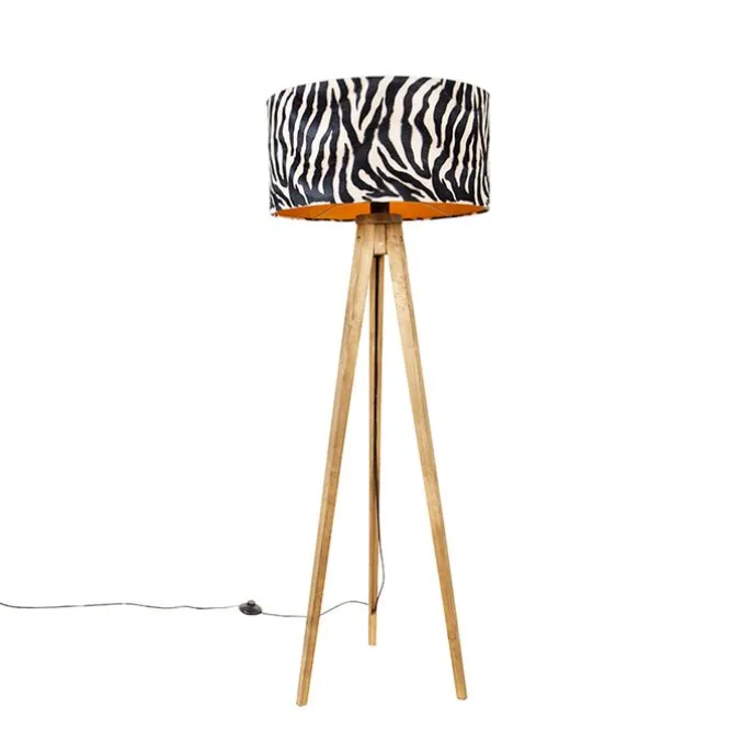 Vintage vloerlamp hout kap zebra dessin 50 cm - Tripod Classic