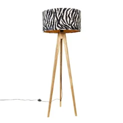 Vintage vloerlamp hout kap zebra dessin 50 cm - Tripod Classic