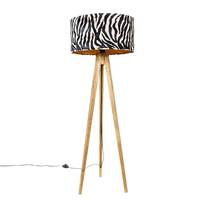 Vintage vloerlamp hout kap zebra dessin 50 cm - Tripod Classic