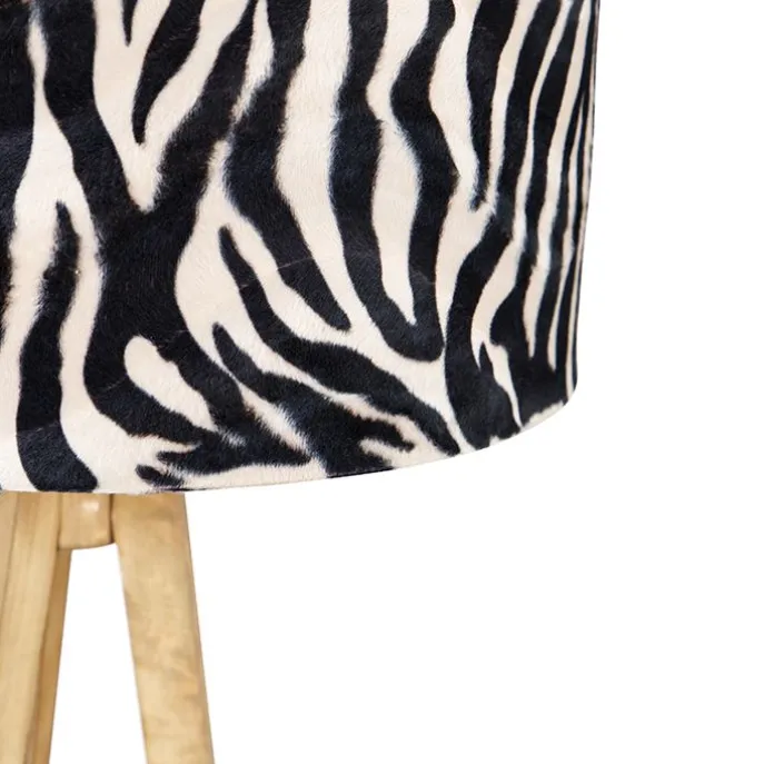 Vintage vloerlamp hout kap zebra dessin 50 cm - Tripod Classic