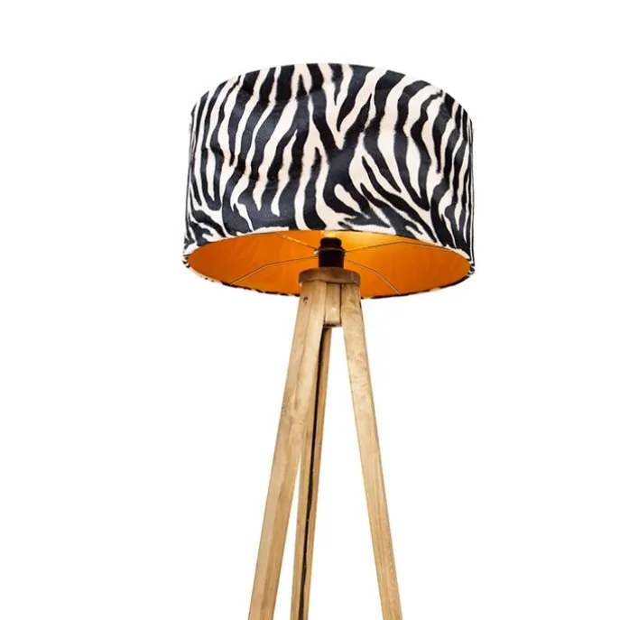 Vintage vloerlamp hout kap zebra dessin 50 cm - Tripod Classic