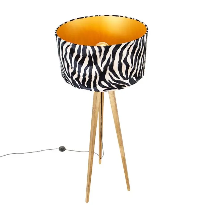 Vintage vloerlamp hout kap zebra dessin 50 cm - Tripod Classic