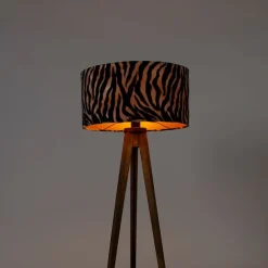 Vintage vloerlamp hout kap zebra dessin 50 cm - Tripod Classic