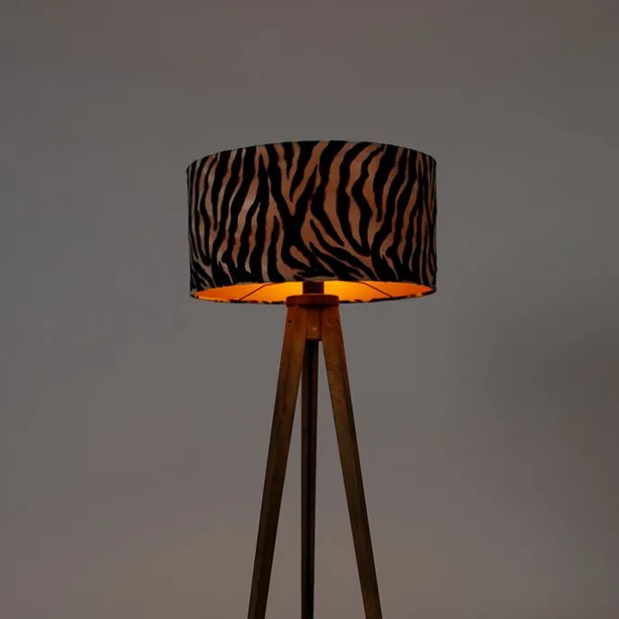 Vintage vloerlamp hout kap zebra dessin 50 cm - Tripod Classic