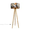 Vintage vloerlamp hout kap bloem dessin 50 cm - Tripod Classic