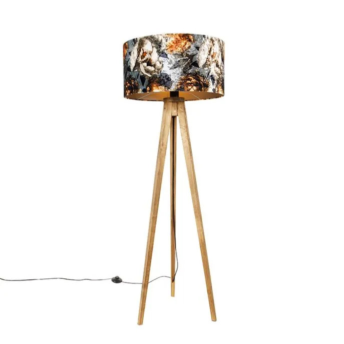 Vintage vloerlamp hout kap bloem dessin 50 cm - Tripod Classic
