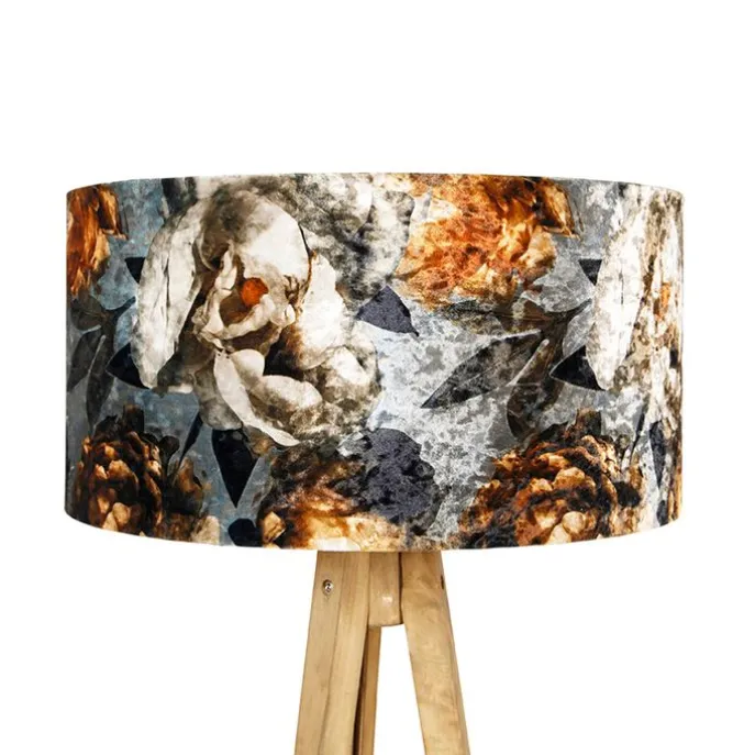 Vintage vloerlamp hout kap bloem dessin 50 cm - Tripod Classic