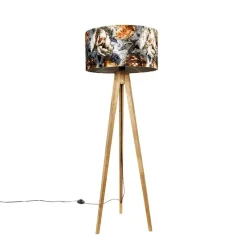 Vintage vloerlamp hout kap bloem dessin 50 cm - Tripod Classic