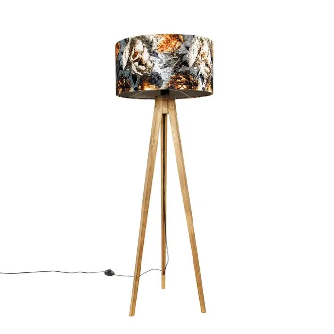 Vintage vloerlamp hout kap bloem dessin 50 cm - Tripod Classic