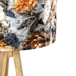 Vintage vloerlamp hout kap bloem dessin 50 cm - Tripod Classic