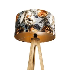 Vintage vloerlamp hout kap bloem dessin 50 cm - Tripod Classic