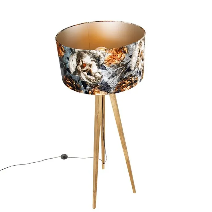 Vintage vloerlamp hout kap bloem dessin 50 cm - Tripod Classic