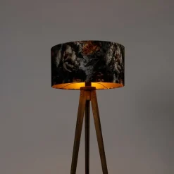 Vintage vloerlamp hout kap bloem dessin 50 cm - Tripod Classic