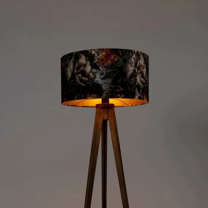 Vintage vloerlamp hout kap bloem dessin 50 cm - Tripod Classic