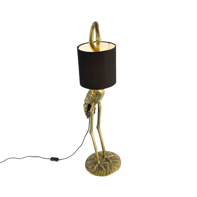 Vintage vloerlamp messing stoffen kap zwart - Animal Kraanvogel