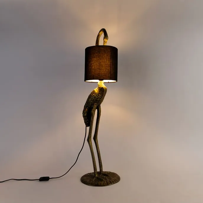 Vintage vloerlamp messing stoffen kap zwart - Animal Kraanvogel